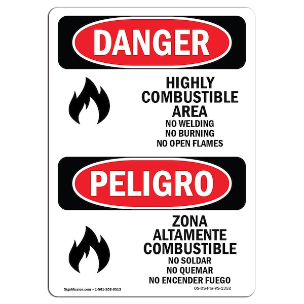 Safety Sign, OSHA Danger, 5" Height, Highly Combustible Area Bilingual Spanish, 10PK